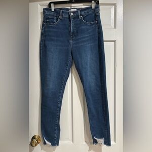 Loft Women's Dark Blue Distressed High-Rise Jeans Frayed Ankle Size 10